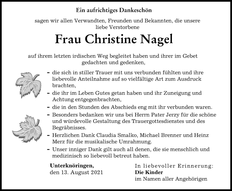 Traueranzeige von Christine Nagel von Günzburger Zeitung