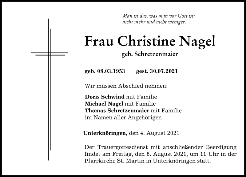 Traueranzeige von Christine Nagel von Günzburger Zeitung