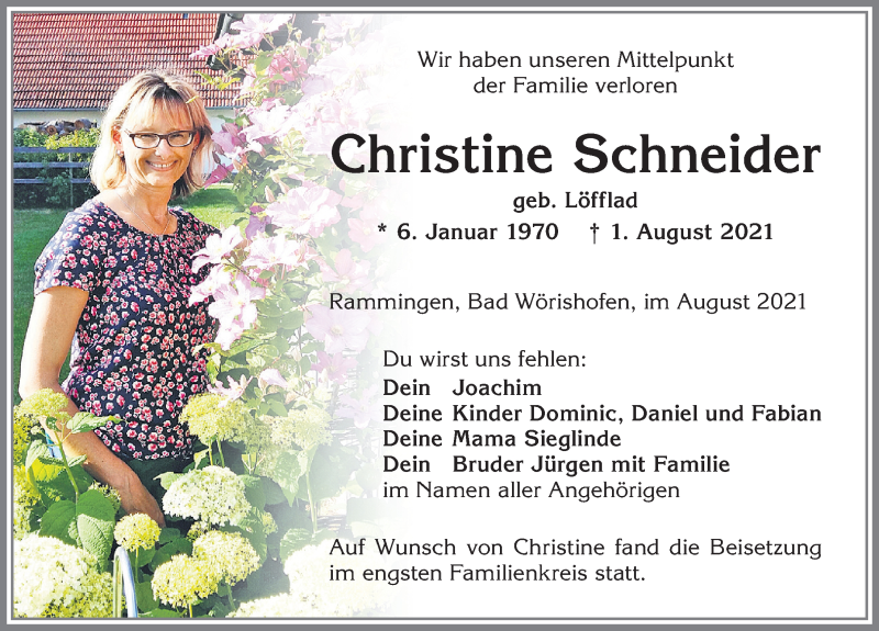 Traueranzeige von Christine Schneider von Mindelheimer Zeitung