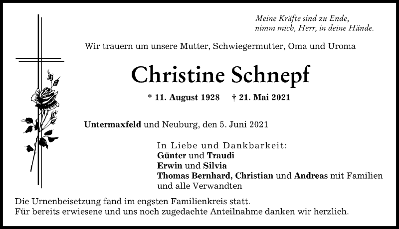 Traueranzeige von Christine Schnepf von Neuburger Rundschau