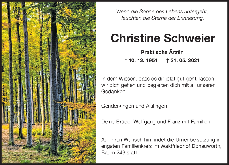 Traueranzeige von Christine Schweier von Donauwörther Zeitung, Augsburger Allgemeine