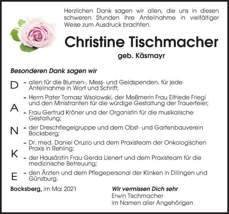 Traueranzeige von Christine Tischmacher von Augsburg-Land, Wertinger Zeitung, Augsburg-Land