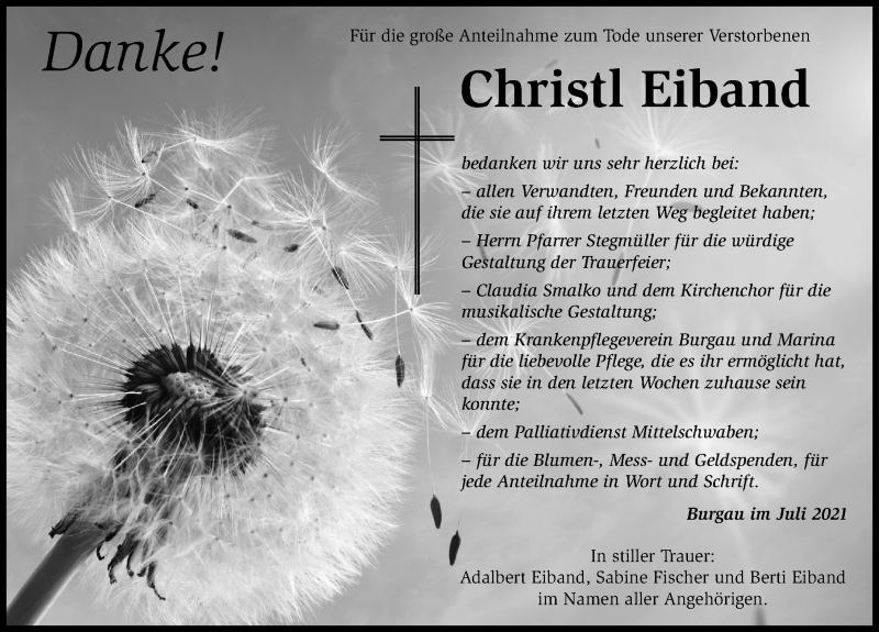 Traueranzeige von Christl Eiband von Günzburger Zeitung