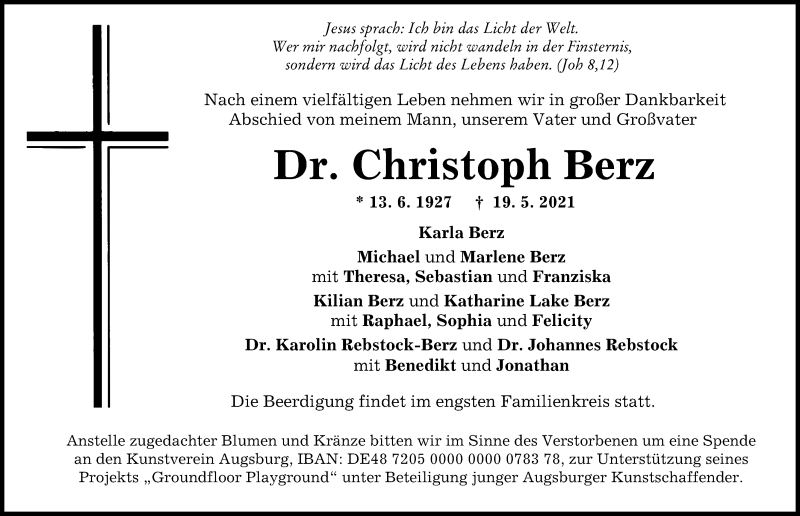  Traueranzeige für Christoph Berz vom 22.05.2021 aus Augsburger Allgemeine