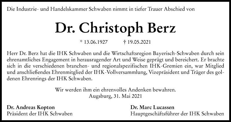 Traueranzeige von Christoph Berz von Augsburger Allgemeine