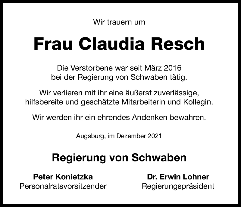 Traueranzeige von Claudia Resch von Augsburger Allgemeine