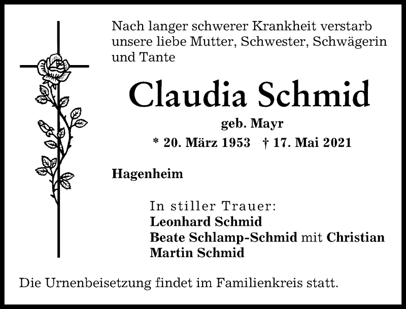 Traueranzeige von Claudia Schmid von Neuburger Rundschau