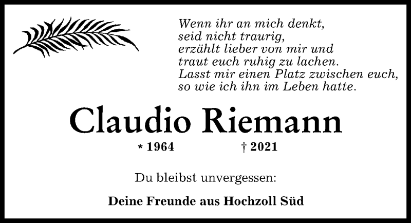 Traueranzeige von Claudio Riemann von Augsburger Allgemeine