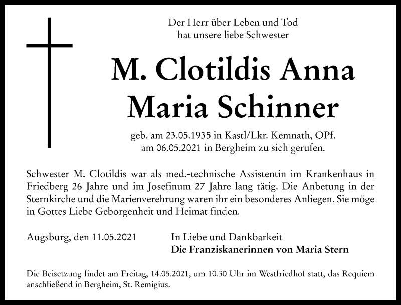 Traueranzeige von Clotildis Anna Maria Schinner von Augsburger Allgemeine