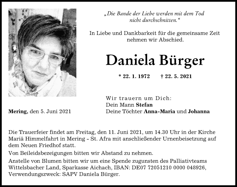 Traueranzeige von Daniela Bürger von Friedberger Allgemeine