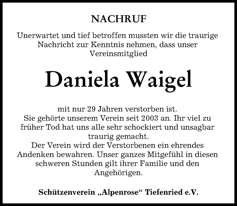 Traueranzeige von Daniela Waigel von Mindelheimer Zeitung