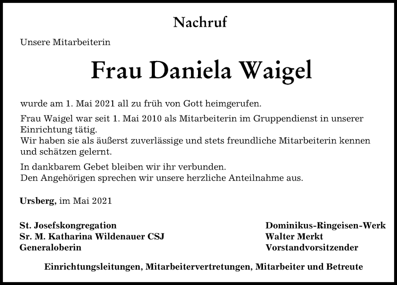 Traueranzeige von Daniela Waigel von Mindelheimer Zeitung