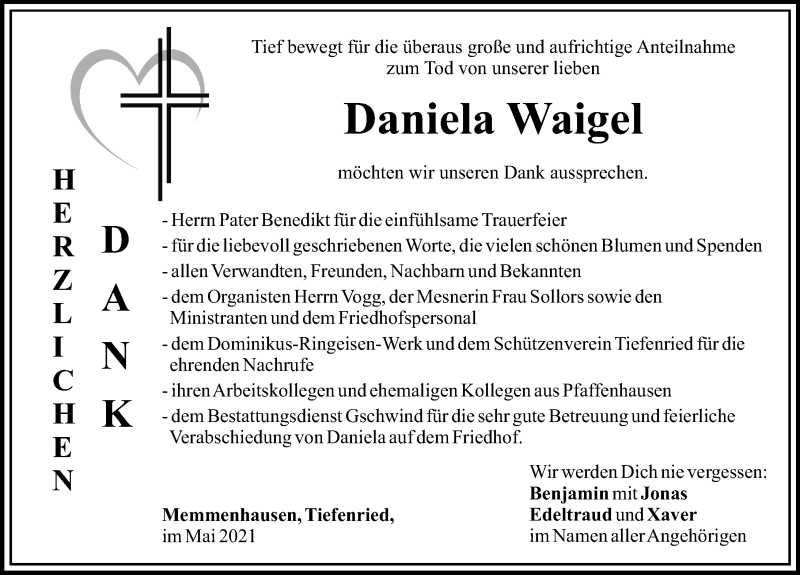 Traueranzeige von Daniela Waigel von Mindelheimer Zeitung, Mittelschwäbische Nachrichten