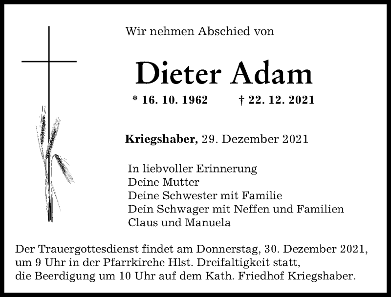 Traueranzeige von Dieter Adam von Augsburger Allgemeine, Augsburg-Land