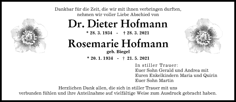 Traueranzeige von Dieter Hofmann von Augsburger Allgemeine