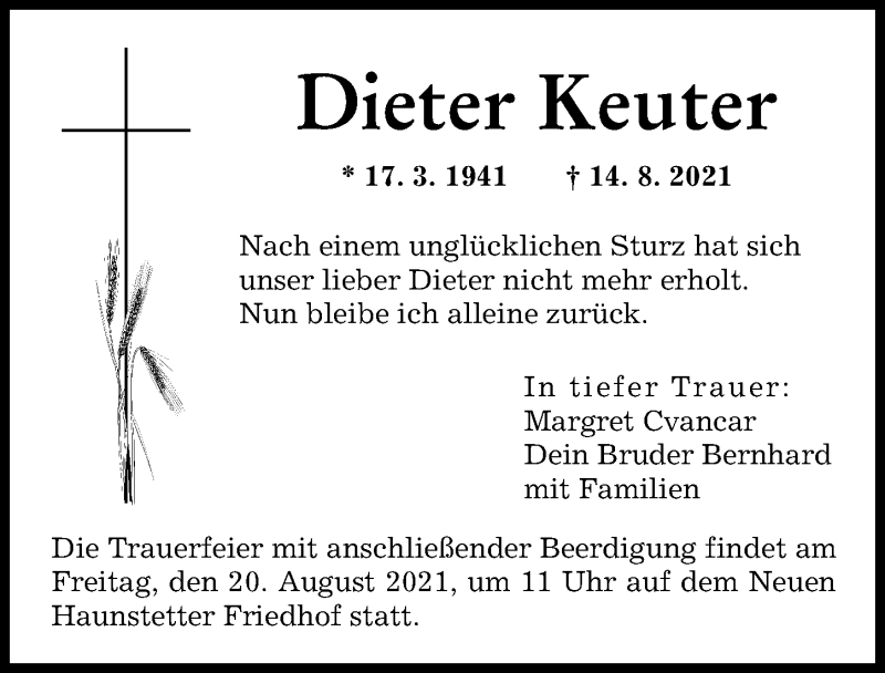 Traueranzeige von Dieter Keuter von Augsburger Allgemeine