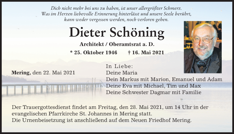 Traueranzeige von Dieter Schöning von Friedberger Allgemeine, Augsburger Allgemeine