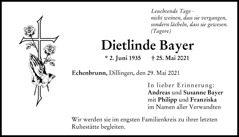 Traueranzeige von Dietlinde Bayer von Donau Zeitung