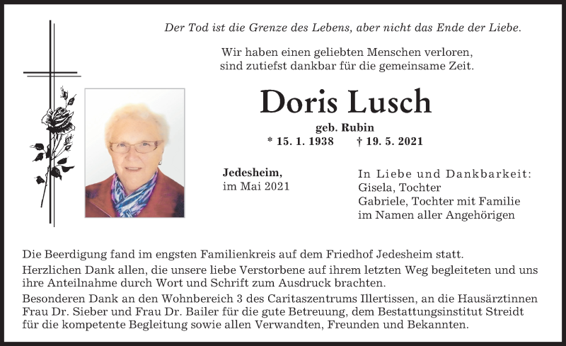 Traueranzeige von Doris Lusch von Illertisser Zeitung