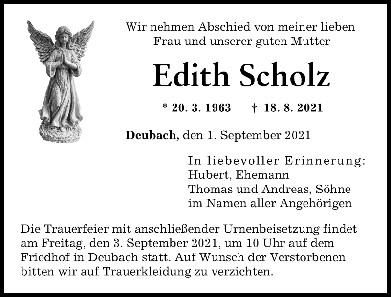 Traueranzeige von Edith Scholz von Augsburger Allgemeine