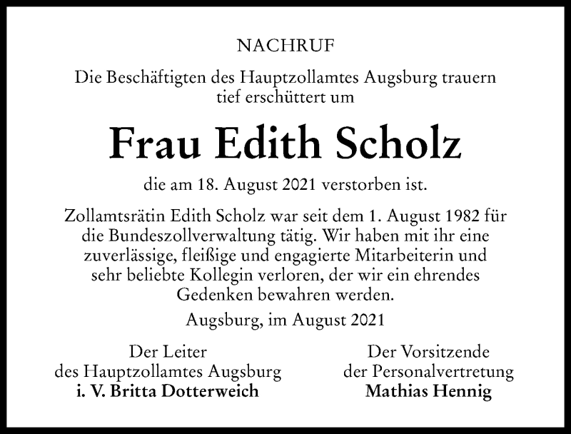 Traueranzeige von Edith Scholz von Augsburger Allgemeine