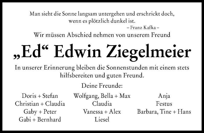 Traueranzeige von Edwin Ziegelmeier von Augsburger Allgemeine