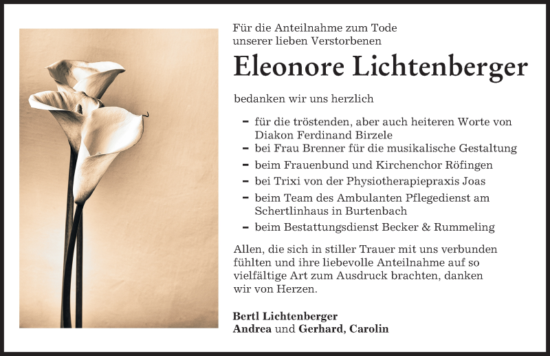 Traueranzeige von Eleonore Lichtenberger von Günzburger Zeitung