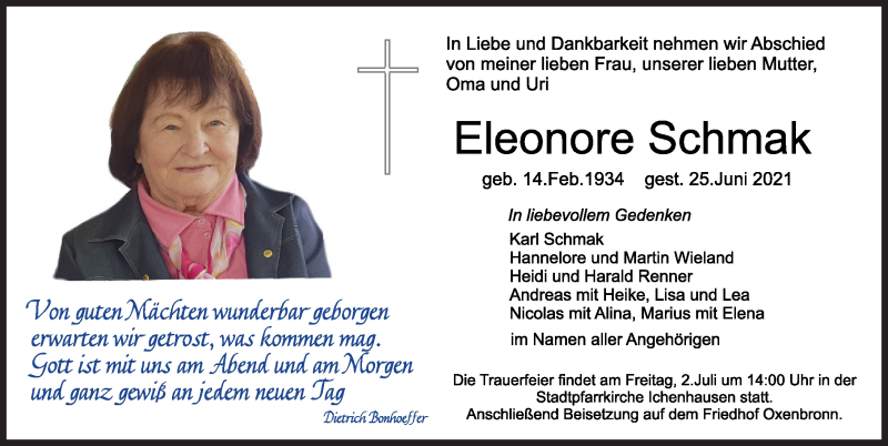 Traueranzeige von Eleonore Schmak von Günzburger Zeitung