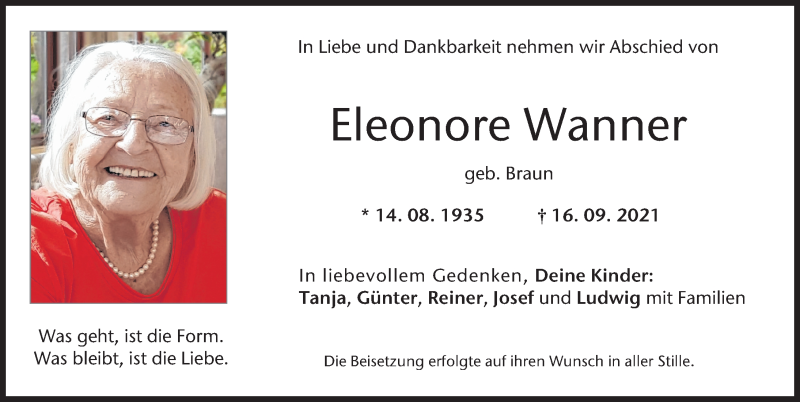  Traueranzeige für Eleonore Wanner vom 25.09.2021 aus Donauwörther Zeitung
