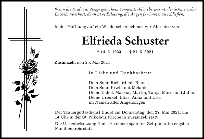 Traueranzeige von Elfrieda Schuster von Wertinger Zeitung, Augsburg-Land