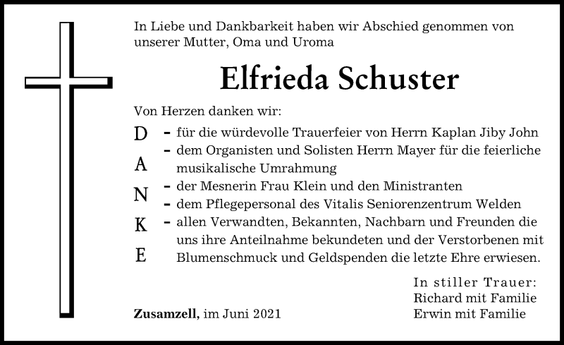 Traueranzeige von Elfrieda Schuster von Wertinger Zeitung, Augsburg-Land