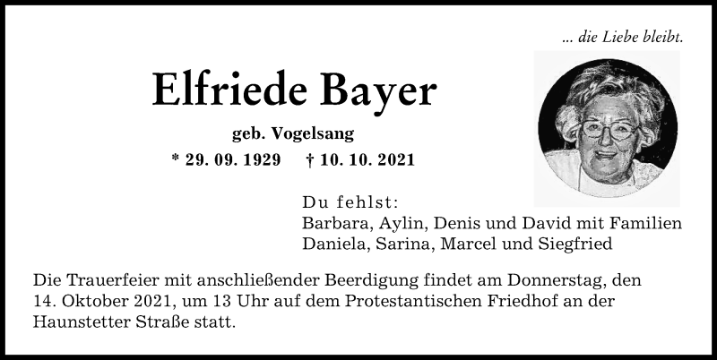 Traueranzeige von Elfriede Bayer von Augsburger Allgemeine