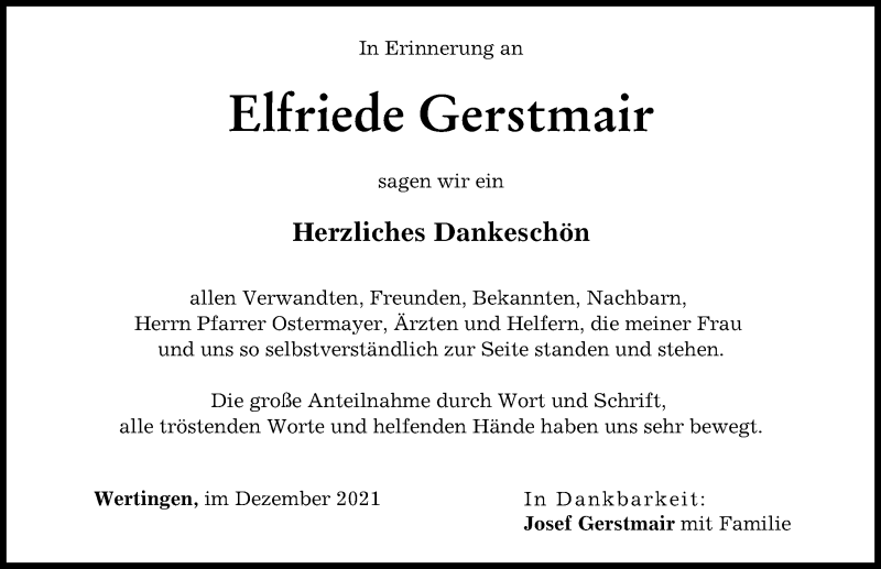 Traueranzeige von Elfriede Gerstmair von Wertinger Zeitung