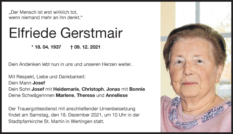 Traueranzeige von Elfriede Gerstmair von Wertinger Zeitung