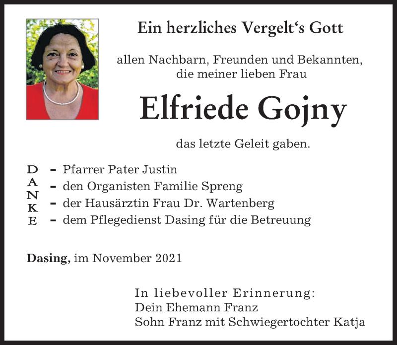 Traueranzeige von Elfriede Gojny von Friedberger Allgemeine, Augsburger Allgemeine