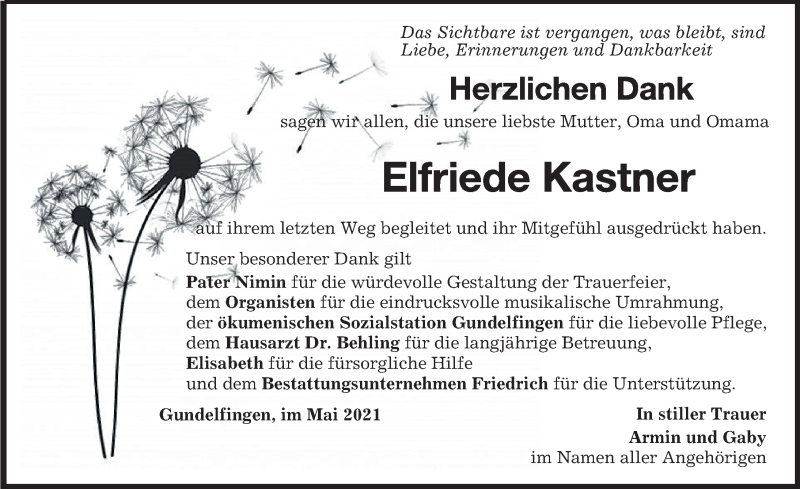 Traueranzeige von Elfriede Kastner von Donau Zeitung