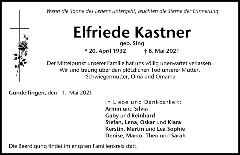 Traueranzeige von Elfriede Kastner von Donau Zeitung