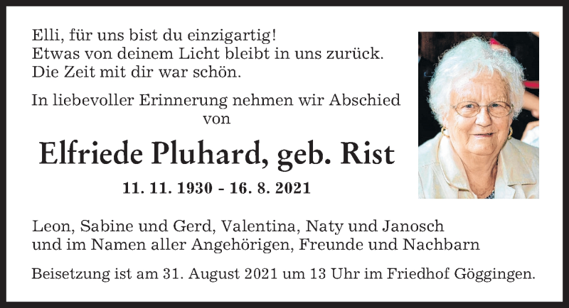 Traueranzeige von Elfriede Pluhard von Augsburger Allgemeine