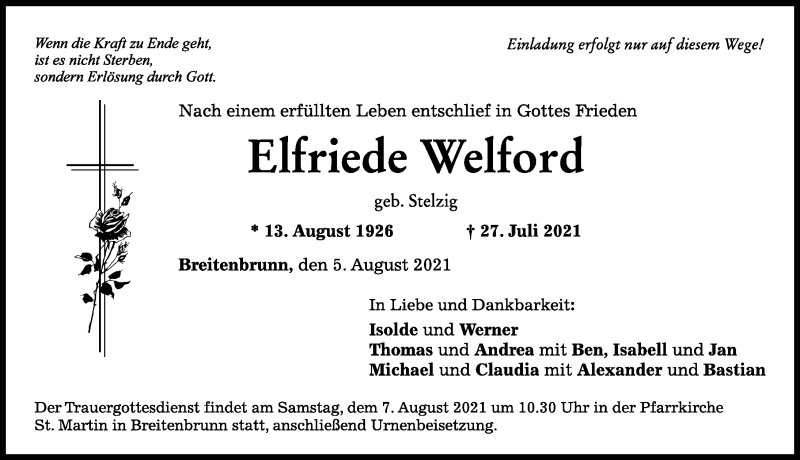 Traueranzeige von Elfriede Welford von Mindelheimer Zeitung