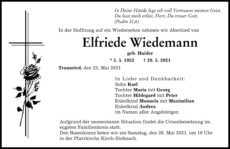 Traueranzeige von Elfriede Wiedemann von Mindelheimer Zeitung, Schwabmünchner Allgemeine