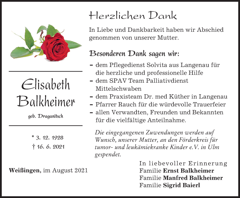 Traueranzeige von Elisabeth Balkheimer von Günzburger Zeitung