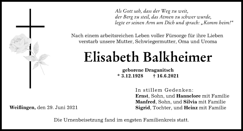 Traueranzeige von Elisabeth Balkheimer von Günzburger Zeitung