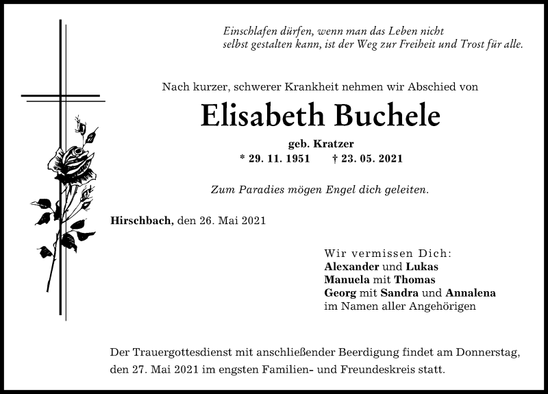 Traueranzeige von Elisabeth Buchele von Wertinger Zeitung