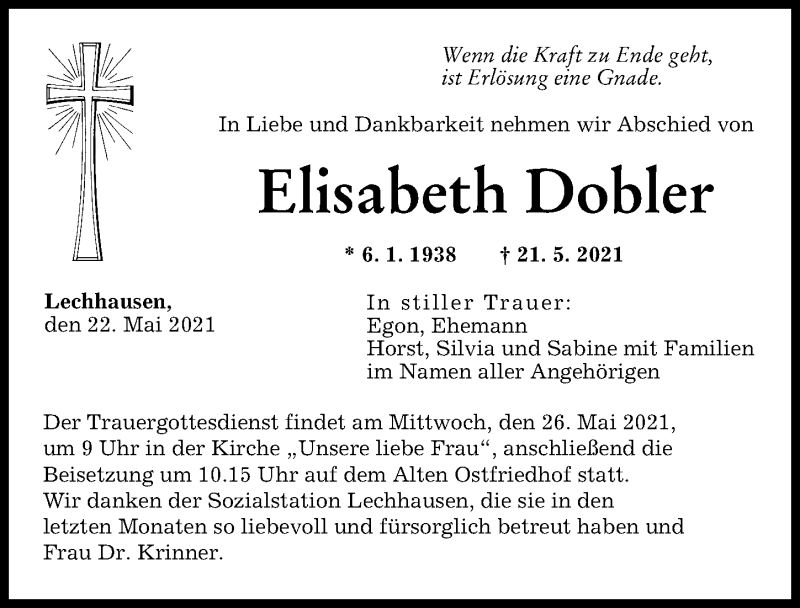 Traueranzeige von Elisabeth Dobler von Augsburger Allgemeine