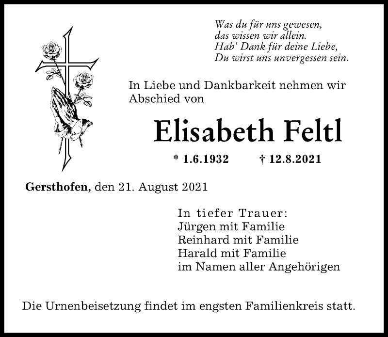 Traueranzeige von Elisabeth Feltl von Augsburger Allgemeine