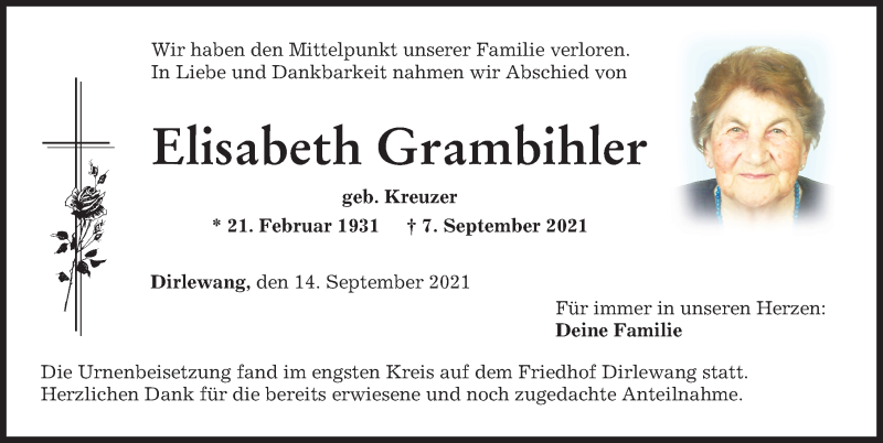 Traueranzeigen von Elisabeth Grambihler | Augsburger Allgemeine Zeitung
