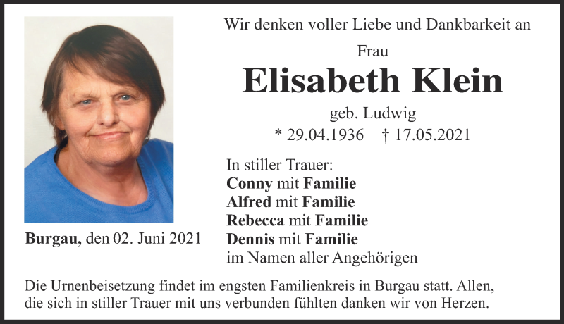 Traueranzeige von Elisabeth Klein von Günzburger Zeitung