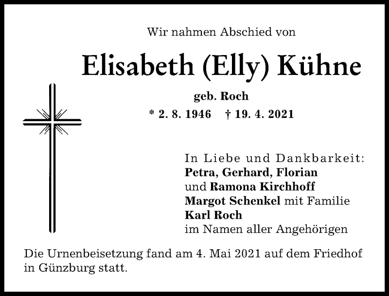 Traueranzeige von Elisabeth Kühne von Günzburger Zeitung