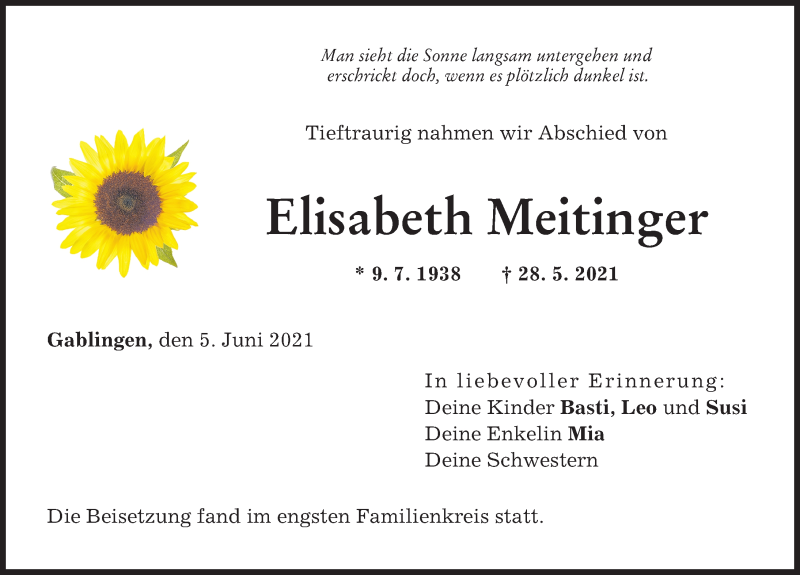 Traueranzeige von Elisabeth Meitinger von Augsburger Allgemeine