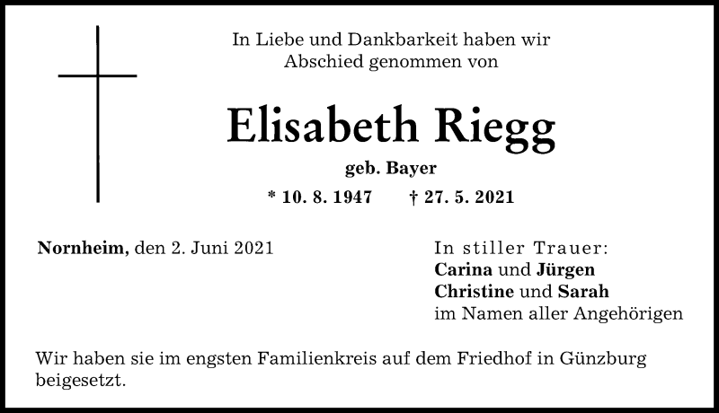 Traueranzeige von Elisabeth Riegg von Günzburger Zeitung